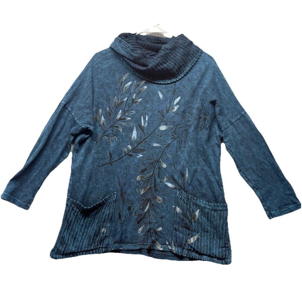 Jess & Jane Tunic Top Womens S Blue Mineral Wash Floral Patch Pocket Lagenlook